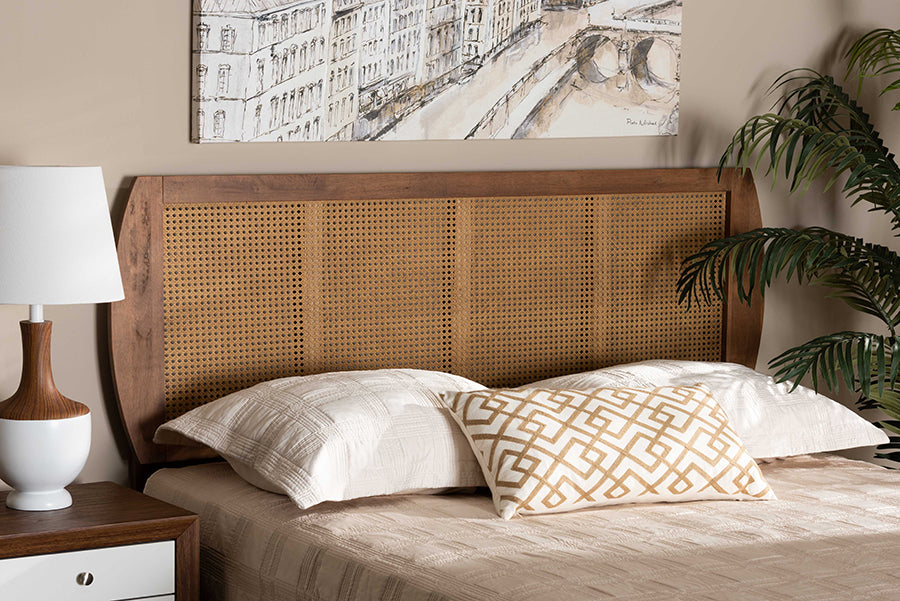 Baxton Studio Harris Mid-Century Modern Ash Walnut Finished Wood and Synthetic Rattan Queen Size Headboard | Headboards | Modishstore - 2