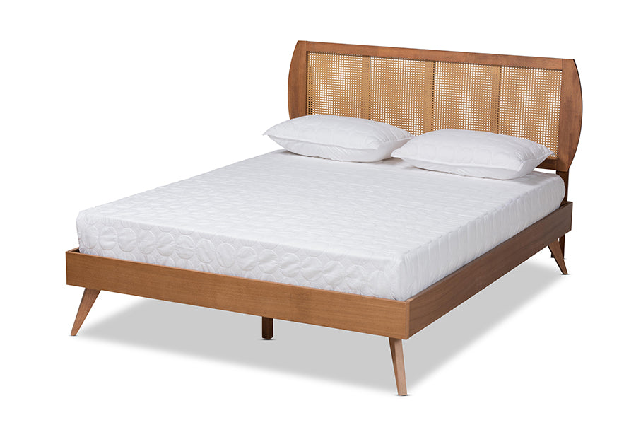 Baxton Studio Asami Mid-Century Modern Walnut Brown Finished Wood and Synthetic Rattan King Size Platform Bed | Beds | Modishstore - 4