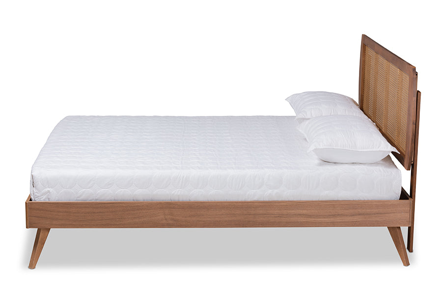 Baxton Studio Asami Mid-Century Modern Walnut Brown Finished Wood and Synthetic Rattan Queen Size Platform Bed | Beds | Modishstore - 2