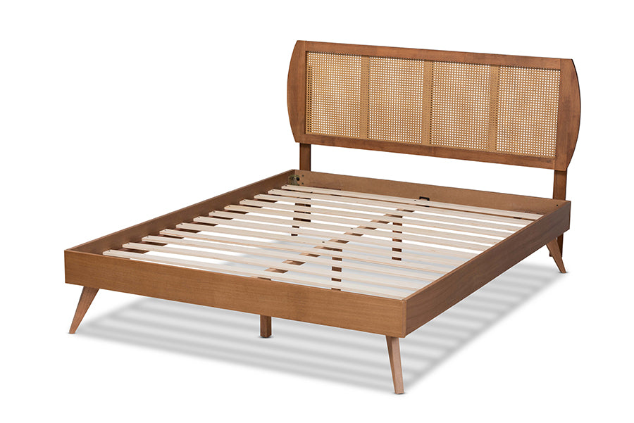 Baxton Studio Asami Mid-Century Modern Walnut Brown Finished Wood and Synthetic Rattan King Size Platform Bed | Beds | Modishstore - 5