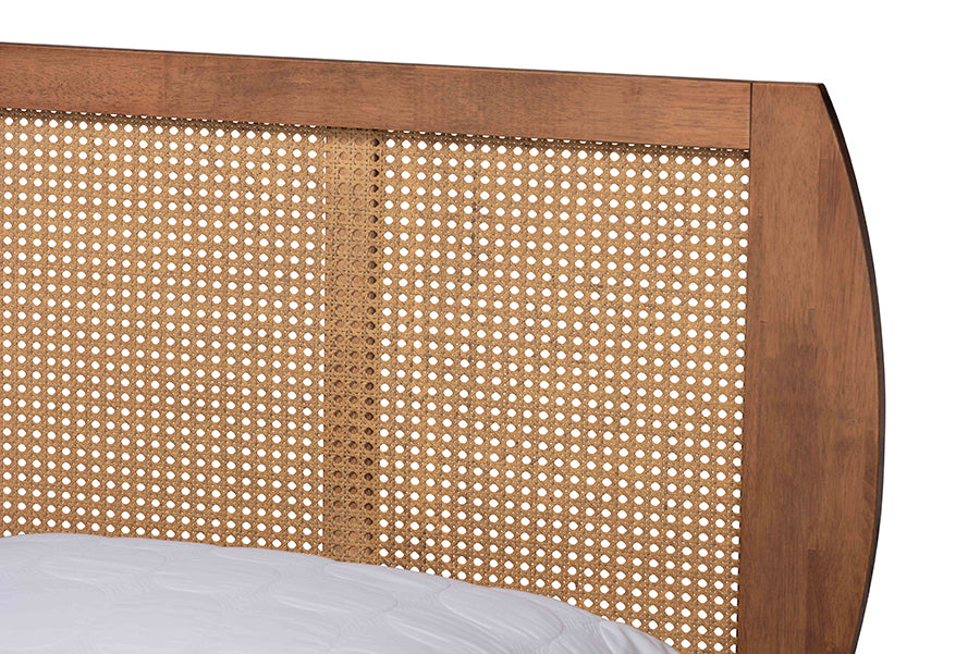 Baxton Studio Asami Mid-Century Modern Walnut Brown Finished Wood and Synthetic Rattan Queen Size Platform Bed | Beds | Modishstore - 3
