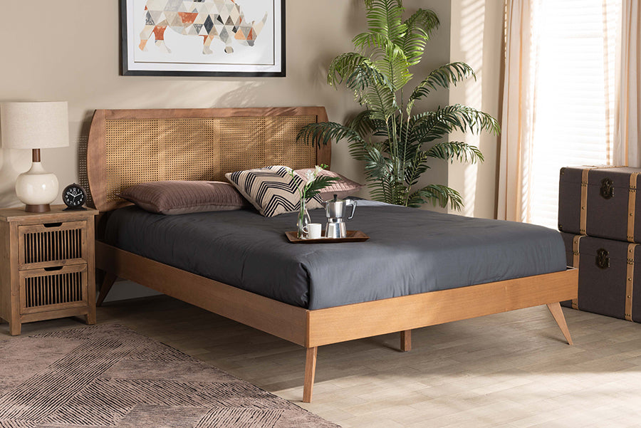 Baxton Studio Asami Mid-Century Modern Walnut Brown Finished Wood and Synthetic Rattan Queen Size Platform Bed | Beds | Modishstore
