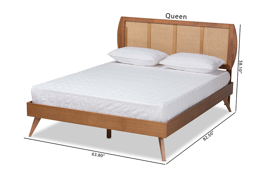 Baxton Studio Asami Mid-Century Modern Walnut Brown Finished Wood and Synthetic Rattan Queen Size Platform Bed | Beds | Modishstore - 4