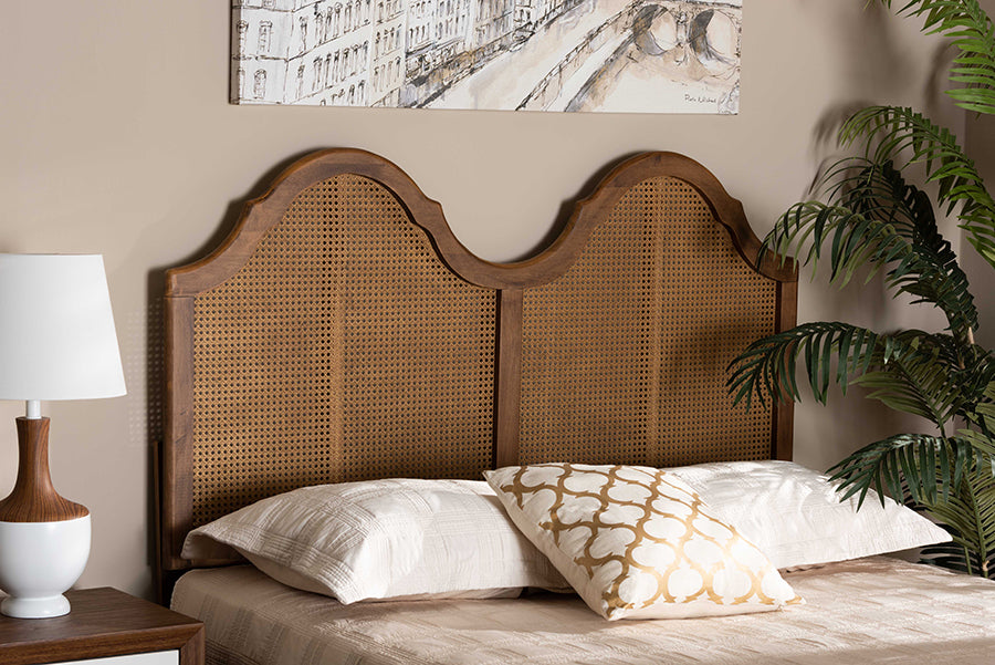 Baxton Studio Hazel Vintage Classic and Traditional Ash Walnut Finished Wood and Synthetic Rattan Full Size Arched Headboard | Headboards | Modishstore - 2