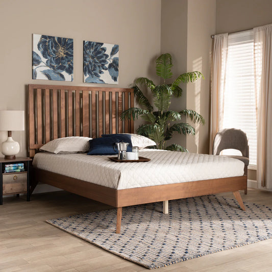 Baxton Studio Saki Mid-Century Modern Walnut Brown Finished Wood King Size Platform Bed | Beds | Modishstore