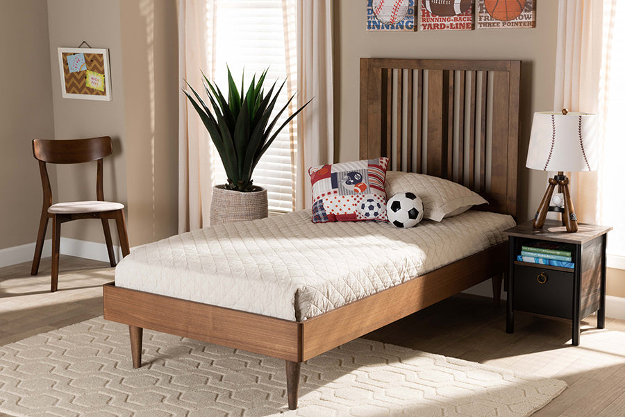 Baxton Studio Kioshi Mid-Century Modern Transitional Ash Walnut Finished Wood Twin Size Platform Bed | Modishstore | Beds