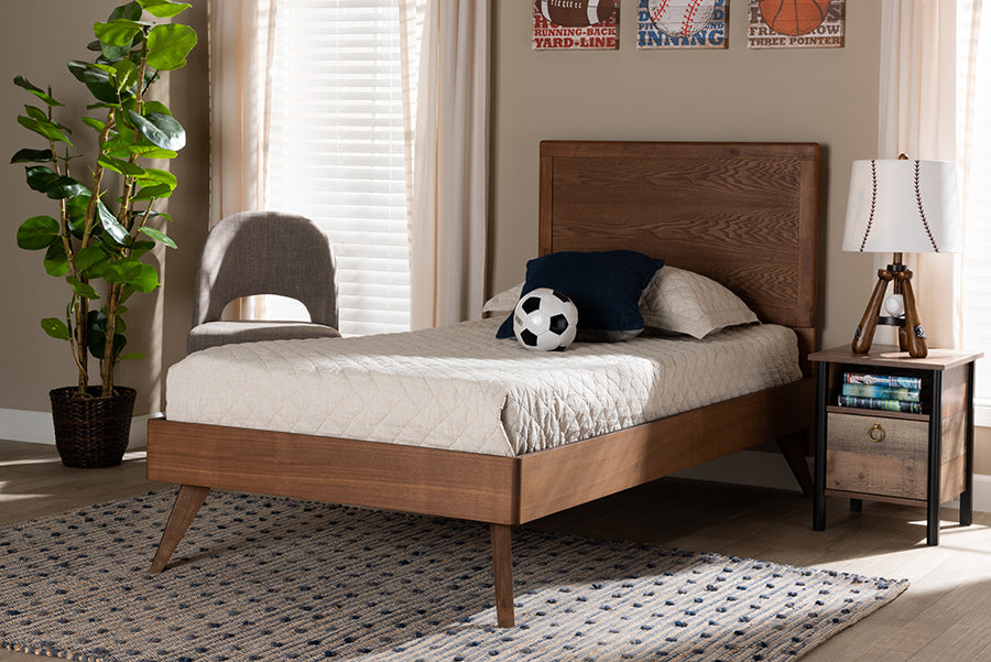 Baxton Studio Jiro Mid-Century Modern Walnut Brown Finished Wood Twin Size Platform Bed | Beds | Modishstore