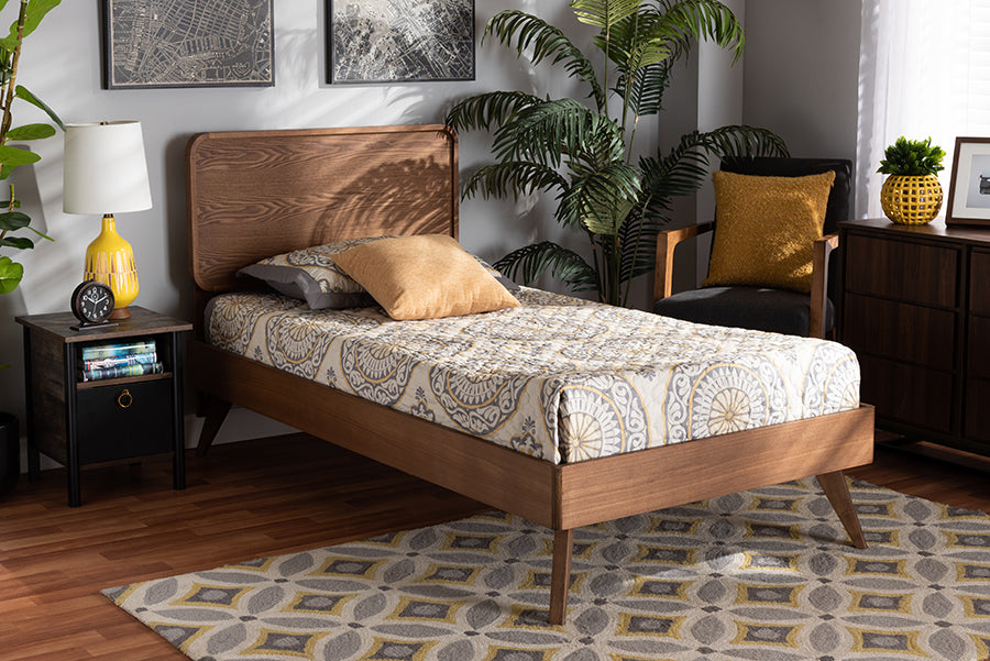 Baxton Studio Leola Mid-Century Modern Transitional Walnut Brown Finished Wood Twin Size Platform Bed | Beds | Modishstore