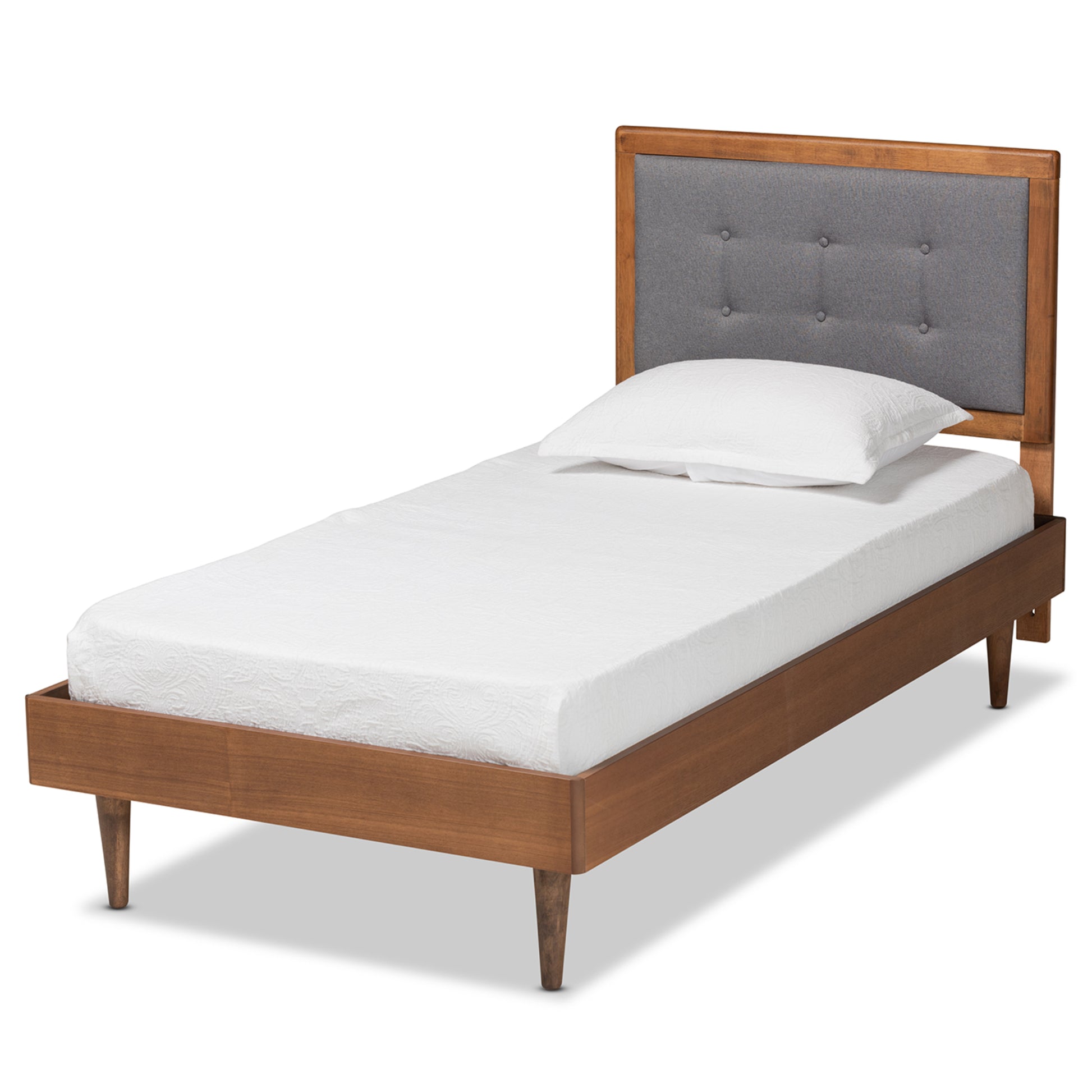 Baxton Studio Greta Mid-Century Modern Dark Grey Fabric Upholstered and Walnut Brown Finished Wood Twin Size Platform Bed | Beds | Modishstore - 2
