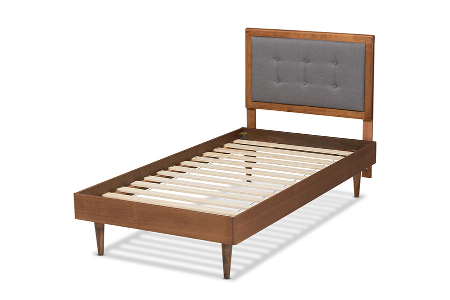 Baxton Studio Greta Mid-Century Modern Dark Grey Fabric Upholstered and Walnut Brown Finished Wood Twin Size Platform Bed | Beds | Modishstore - 3
