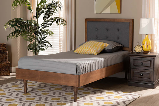 Baxton Studio Greta Mid-Century Modern Dark Grey Fabric Upholstered and Walnut Brown Finished Wood Twin Size Platform Bed | Beds | Modishstore