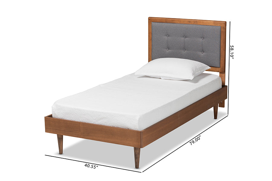 Baxton Studio Greta Mid-Century Modern Dark Grey Fabric Upholstered and Walnut Brown Finished Wood Twin Size Platform Bed | Beds | Modishstore - 4