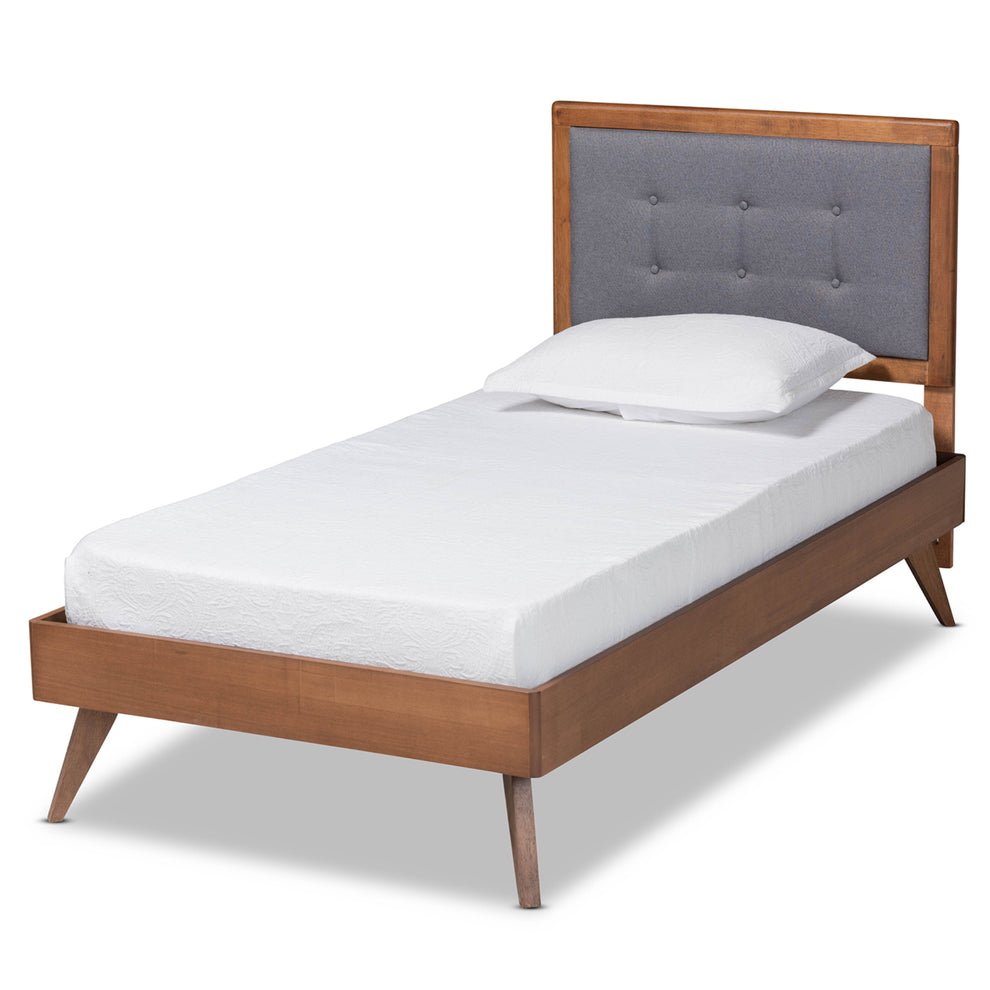 Baxton Studio Alida Mid-Century Modern Dark Grey Fabric Upholstered and Walnut Brown Finished Wood Twin Size Platform Bed | Beds | Modishstore - 2