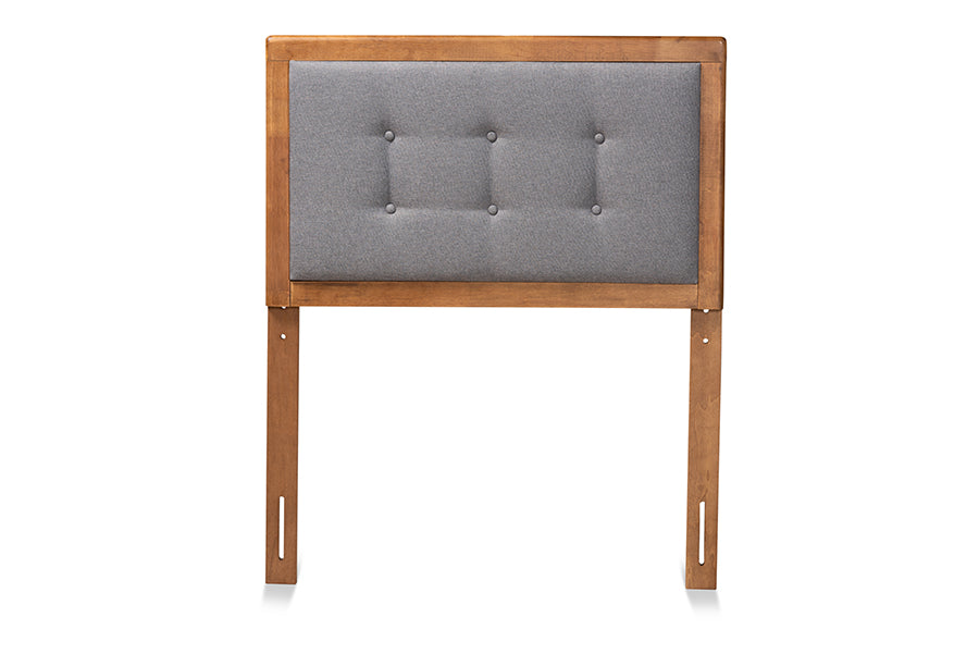 baxton studio sarine mid century modern dark grey fabric upholstered and walnut brown finished wood twin size headboard | Modish Furniture Store-3