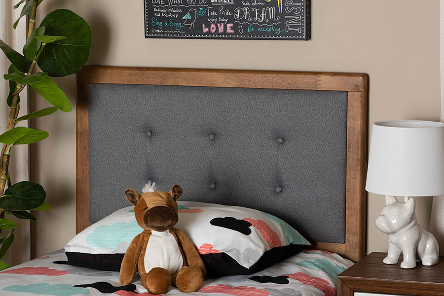 Baxton Studio Sarine Mid-Century Modern Dark Grey Fabric Upholstered and Walnut Brown Finished Wood Twin Size Headboard | Modishstore | Headboards