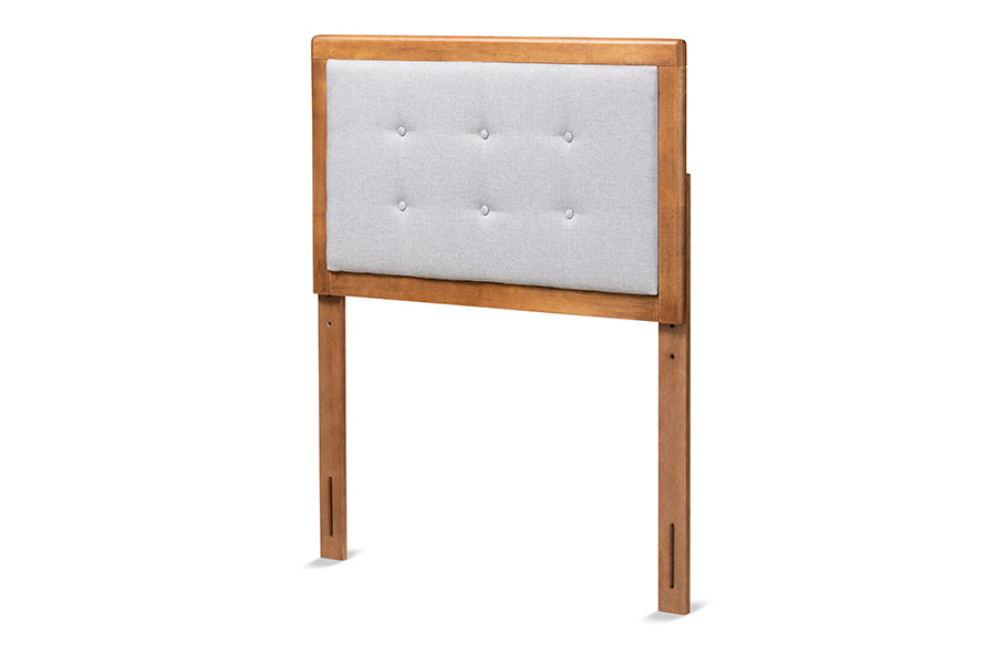 baxton studio sarine mid century modern light grey fabric upholstered and walnut brown finished wood twin size headboard | Modish Furniture Store-2