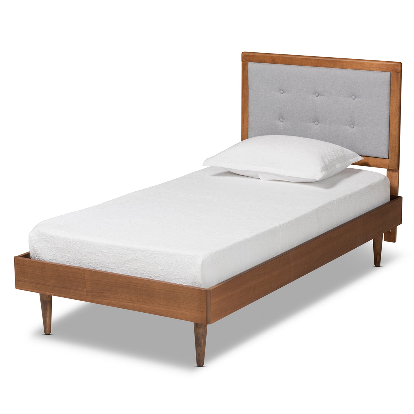 Baxton Studio Greta Mid-Century Modern Light Grey Fabric Upholstered and Walnut Brown Finished Wood Twin Size Platform Bed | Beds | Modishstore - 2