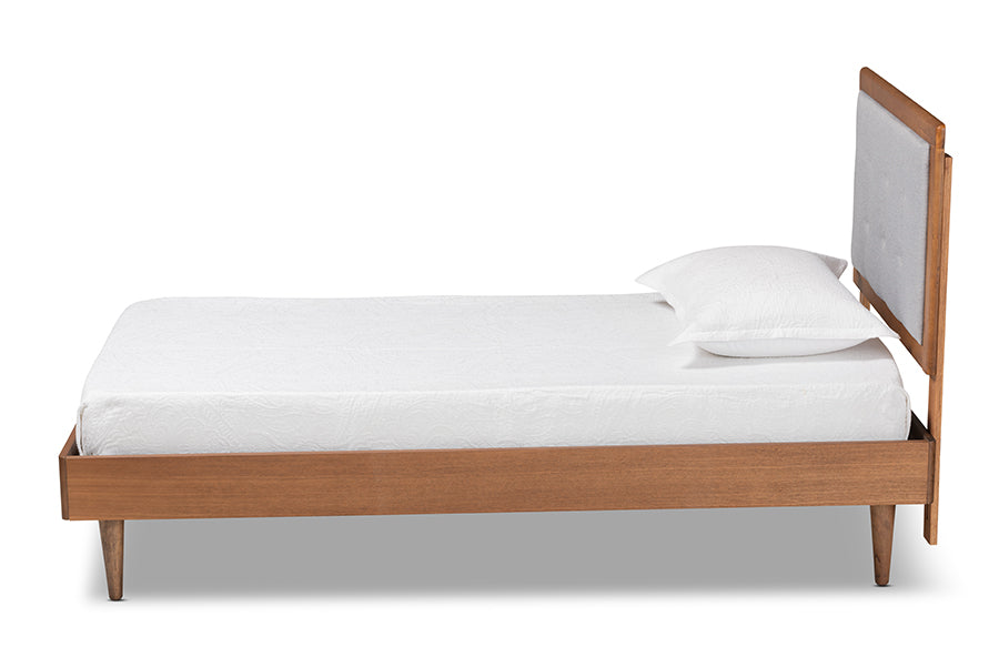 Baxton Studio Greta Mid-Century Modern Light Grey Fabric Upholstered and Walnut Brown Finished Wood Twin Size Platform Bed | Beds | Modishstore - 3