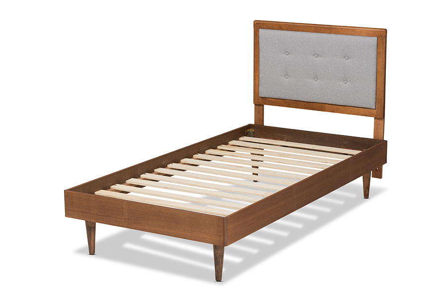 Baxton Studio Greta Mid-Century Modern Light Grey Fabric Upholstered and Walnut Brown Finished Wood Twin Size Platform Bed | Beds | Modishstore - 6