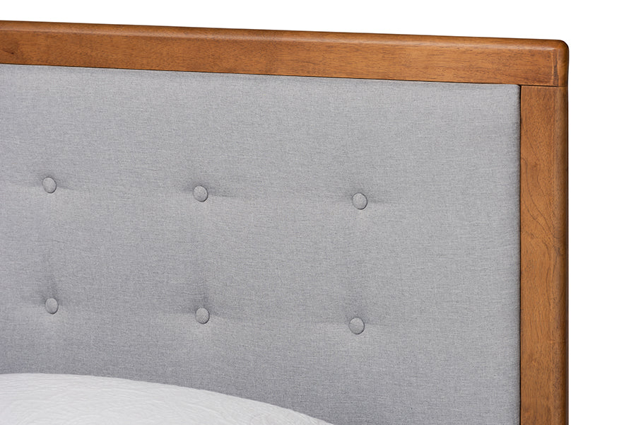 Baxton Studio Greta Mid-Century Modern Light Grey Fabric Upholstered and Walnut Brown Finished Wood Twin Size Platform Bed | Beds | Modishstore - 4
