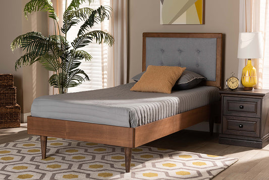 Baxton Studio Greta Mid-Century Modern Light Grey Fabric Upholstered and Walnut Brown Finished Wood Twin Size Platform Bed | Beds | Modishstore