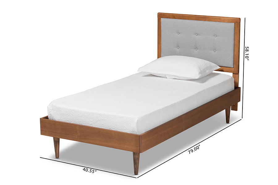 Baxton Studio Greta Mid-Century Modern Light Grey Fabric Upholstered and Walnut Brown Finished Wood Twin Size Platform Bed | Beds | Modishstore - 5