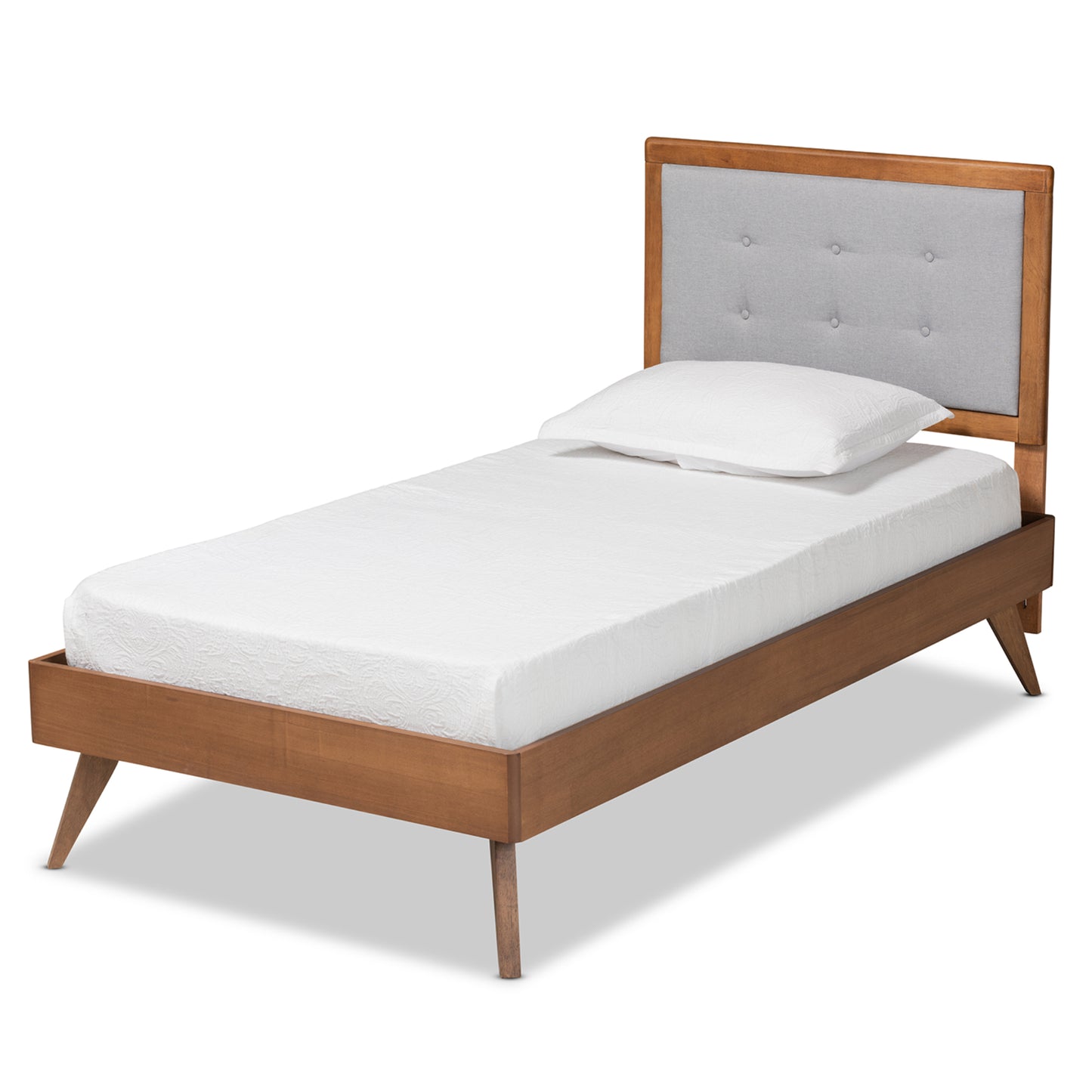 Baxton Studio Alida Mid-Century Modern Light Grey Fabric Upholstered and Walnut Brown Finished Wood Twin Size Platform Bed | Beds | Modishstore - 2