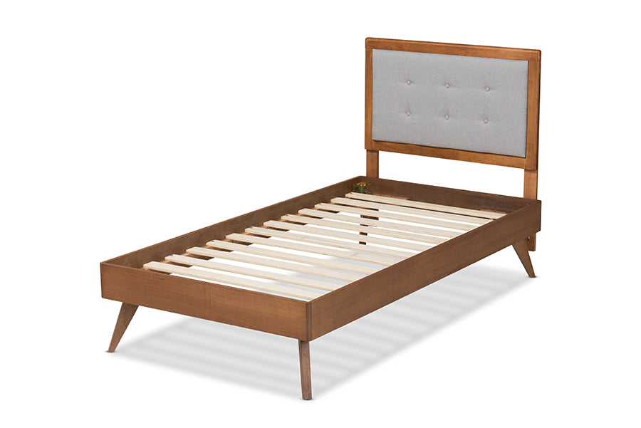 Baxton Studio Alida Mid-Century Modern Light Grey Fabric Upholstered and Walnut Brown Finished Wood Twin Size Platform Bed | Beds | Modishstore - 3
