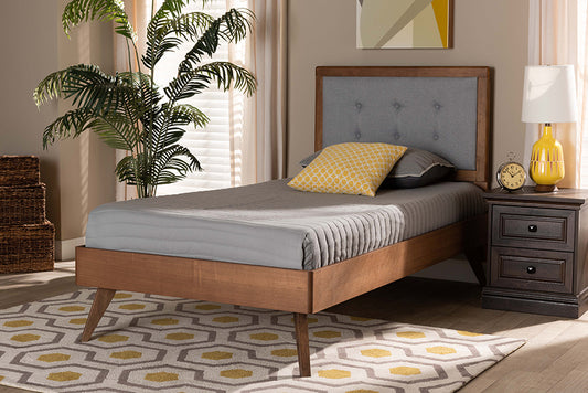 Baxton Studio Alida Mid-Century Modern Light Grey Fabric Upholstered and Walnut Brown Finished Wood Twin Size Platform Bed | Beds | Modishstore