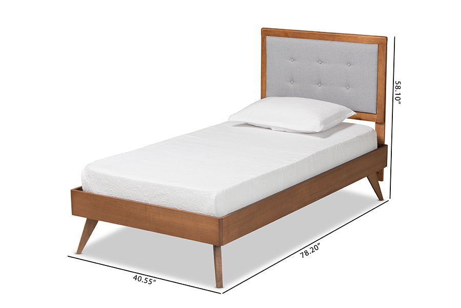 Baxton Studio Alida Mid-Century Modern Light Grey Fabric Upholstered and Walnut Brown Finished Wood Twin Size Platform Bed | Beds | Modishstore - 4