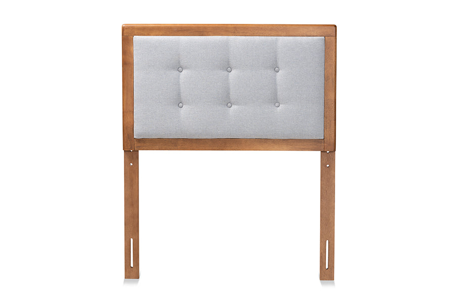 baxton studio sarine mid century modern light grey fabric upholstered and walnut brown finished wood twin size headboard | Modish Furniture Store-3