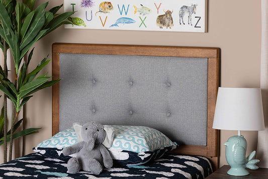 Baxton Studio Sarine Mid-Century Modern Light Grey Fabric Upholstered and Walnut Brown Finished Wood Twin Size Headboard | Modishstore | Headboards