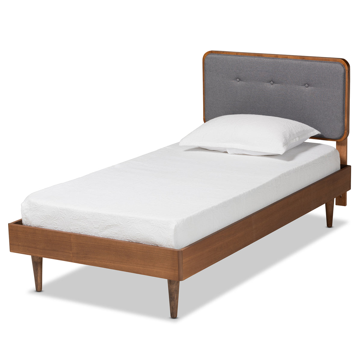 Baxton Studio Cilka Mid-Century Modern Dark Grey Fabric Upholstered and Ash Walnut Finished Wood Twin Size Platform Bed | Beds | Modishstore - 2