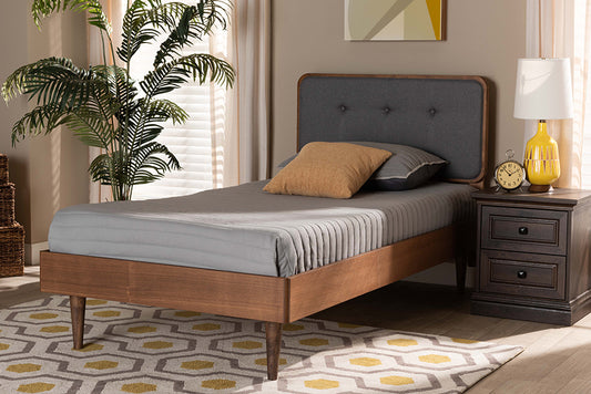 Baxton Studio Cilka Mid-Century Modern Dark Grey Fabric Upholstered and Ash Walnut Finished Wood Twin Size Platform Bed | Beds | Modishstore