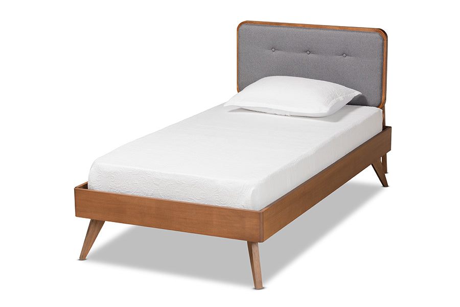 baxton studio dilara mid century modern dark grey fabric upholstered and walnut brown finished wood twin size platform bed | Modish Furniture Store-2