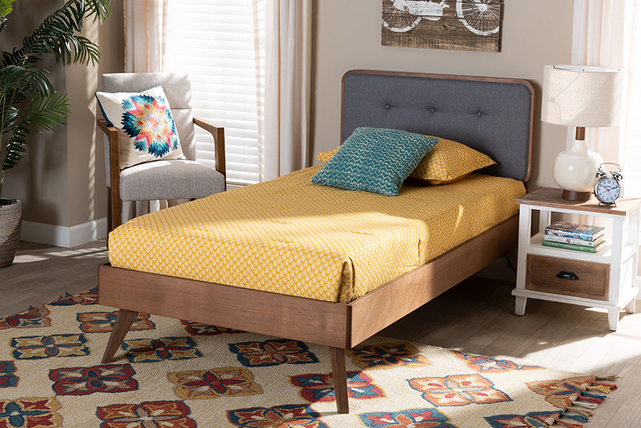 Baxton Studio Dilara Mid-Century Modern Dark Grey Fabric Upholstered and Walnut Brown Finished Wood Twin Size Platform Bed | Modishstore | Beds