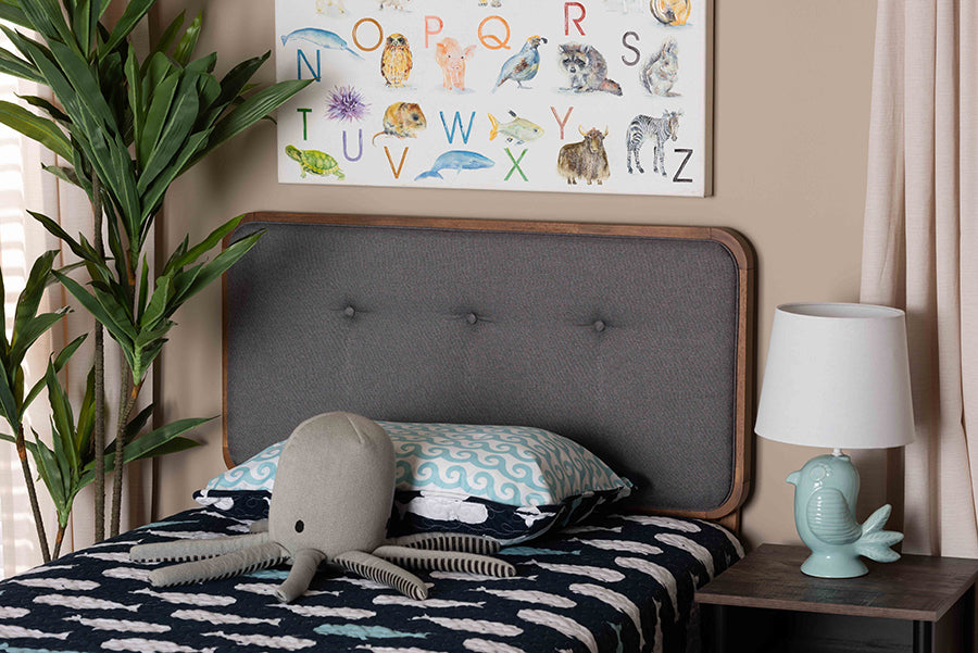 Baxton Studio Palina Mid-Century Modern Dark Grey Fabric Upholstered and Walnut Brown Finished Wood Twin Size Headboard | Modishstore | Headboards