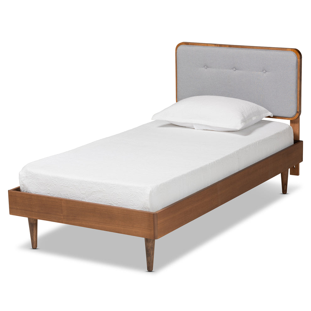 Baxton Studio Cilka Mid-Century Modern Light Grey Fabric Upholstered and Ash Walnut Finished Wood Twin Size Platform Bed | Beds | Modishstore - 2