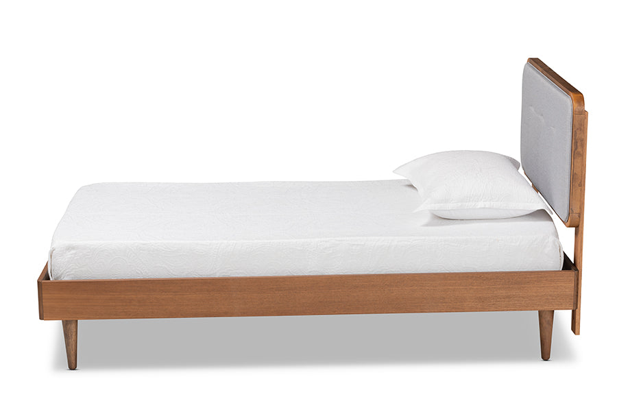 Baxton Studio Cilka Mid-Century Modern Light Grey Fabric Upholstered and Ash Walnut Finished Wood Twin Size Platform Bed | Beds | Modishstore - 6