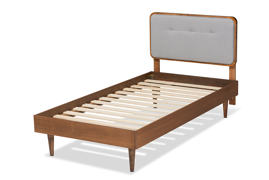 Baxton Studio Cilka Mid-Century Modern Light Grey Fabric Upholstered and Ash Walnut Finished Wood Twin Size Platform Bed | Beds | Modishstore - 3