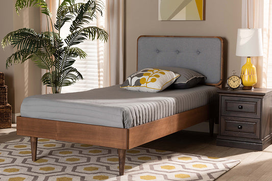 Baxton Studio Cilka Mid-Century Modern Light Grey Fabric Upholstered and Ash Walnut Finished Wood Twin Size Platform Bed | Beds | Modishstore