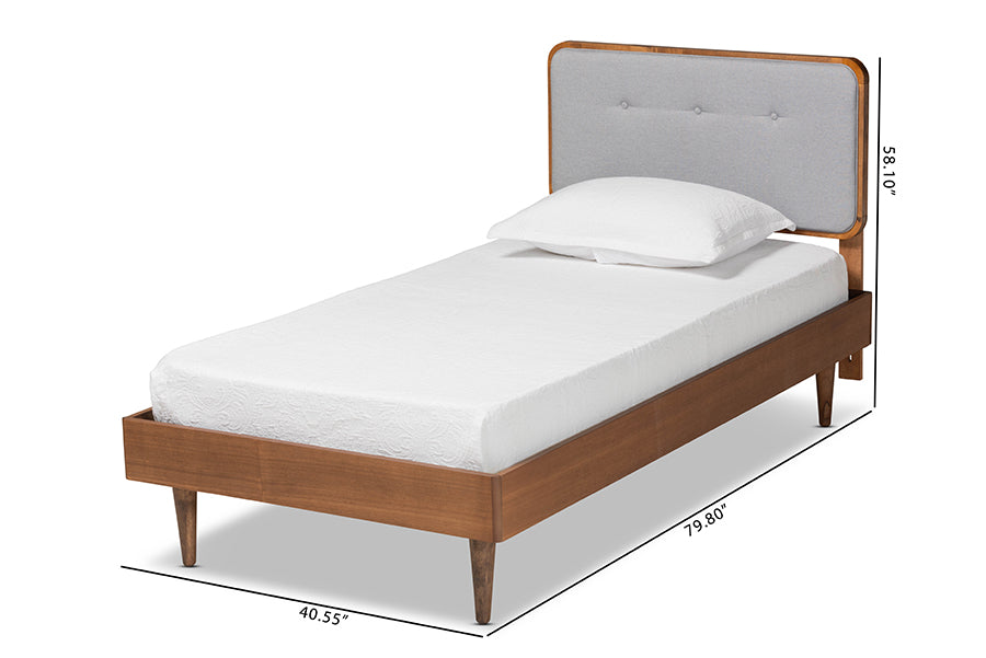 Baxton Studio Cilka Mid-Century Modern Light Grey Fabric Upholstered and Ash Walnut Finished Wood Twin Size Platform Bed | Beds | Modishstore - 4