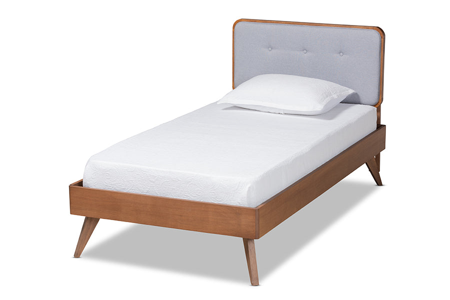 baxton studio dilara mid century modern light grey fabric upholstered and walnut brown finished wood twin size platform bed | Modish Furniture Store-2