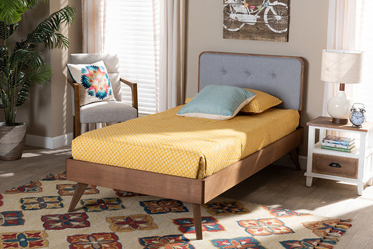 Baxton Studio Dilara Mid-Century Modern Light Grey Fabric Upholstered and Walnut Brown Finished Wood Twin Size Platform Bed | Modishstore | Beds