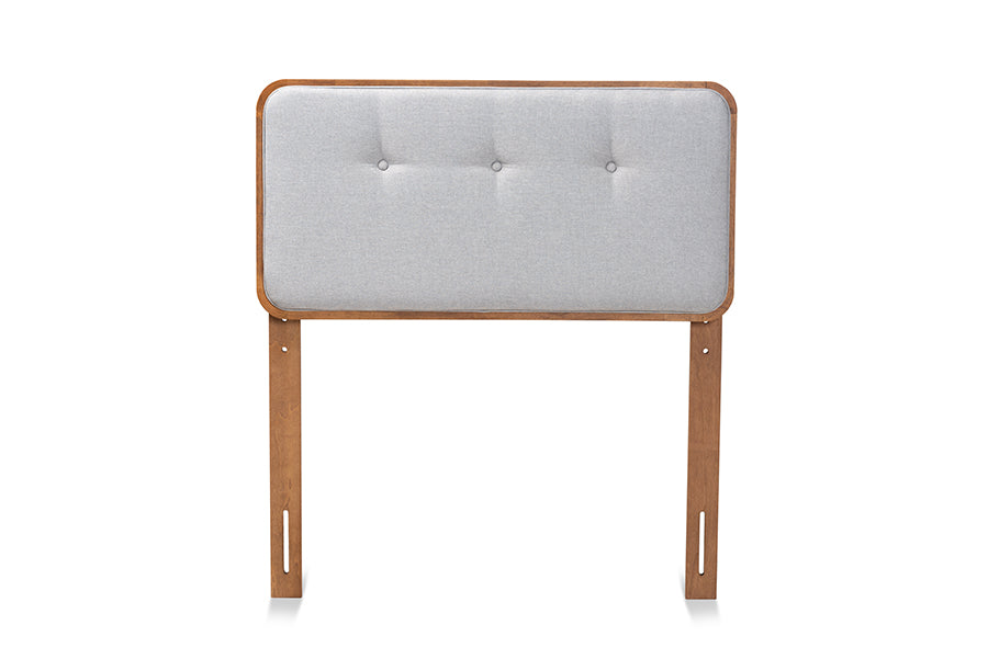 baxton studio palina mid century modern light grey fabric upholstered and walnut brown finished wood twin size headboard | Modish Furniture Store-3