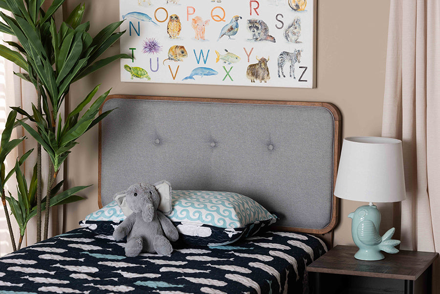 Baxton Studio Palina Mid-Century Modern Light Grey Fabric Upholstered and Walnut Brown Finished Wood Twin Size Headboard | Modishstore | Headboards
