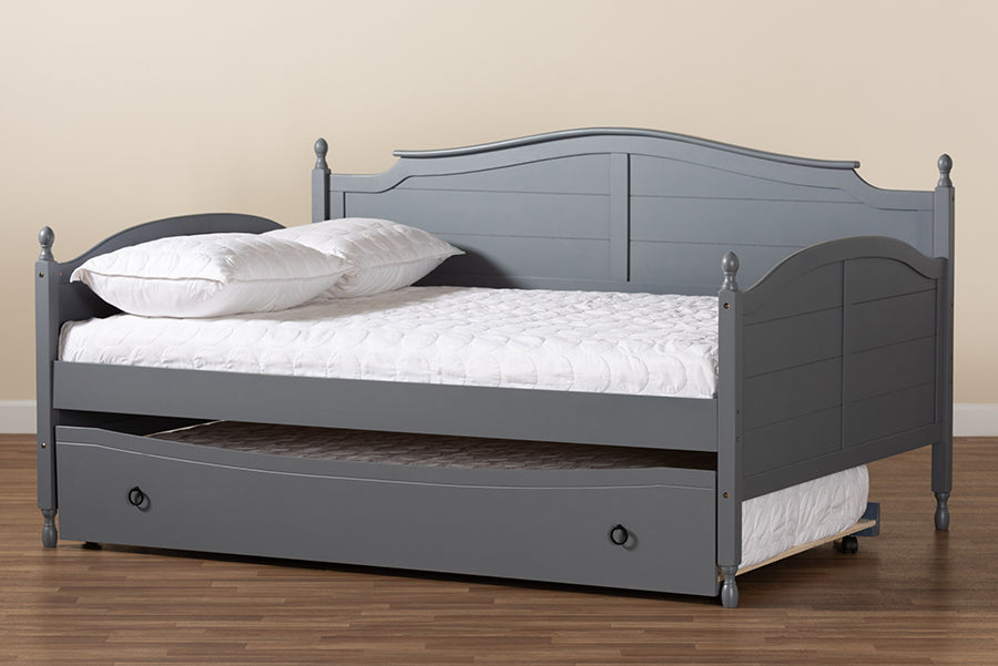 Baxton Studio Mara Cottage Farmhouse Grey Finished Wood Full Size Daybed with Roll-out Trundle Bed | Daybeds | Modishstore - 3