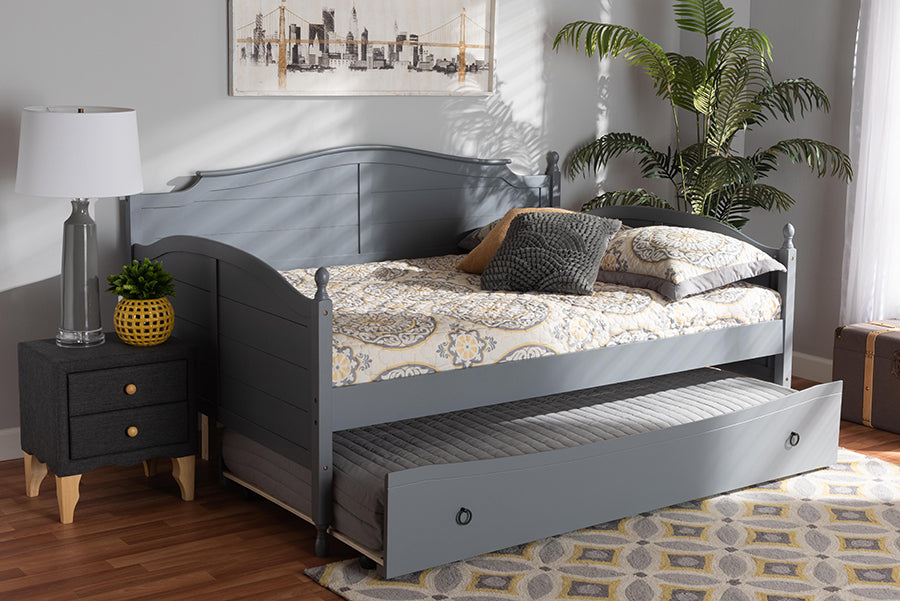 Baxton Studio Mara Cottage Farmhouse Grey Finished Wood Full Size Daybed with Roll-out Trundle Bed | Daybeds | Modishstore - 2