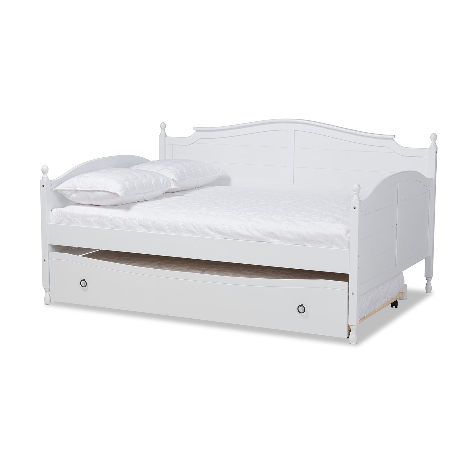 Baxton Studio Mara Cottage Farmhouse White Finished Wood Full Size Daybed with Roll-out Trundle Bed | Daybeds | Modishstore