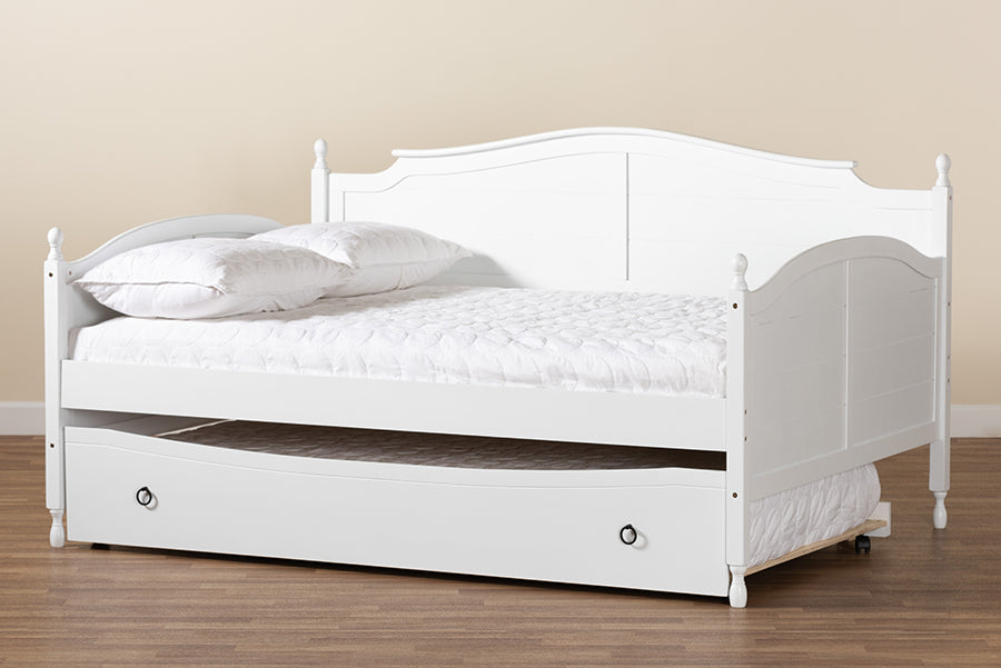 Baxton Studio Mara Cottage Farmhouse White Finished Wood Full Size Daybed with Roll-out Trundle Bed | Daybeds | Modishstore - 4